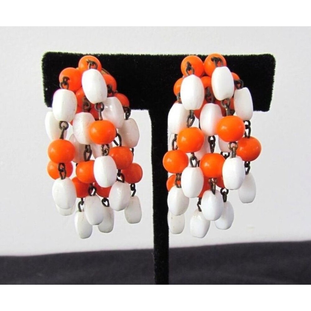 Vintage MOD 1960s Earrings Glass Beaded Dangle Orange White Screwback